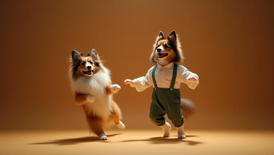 unique, athletic Shetland Sheepdog Dancing at a Saint George s, the Saint George s is dressed in Rompers, Movement pose