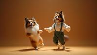 unique, athletic Shetland Sheepdog Dancing at a Saint George s, the Saint George s is dressed in Rompers, Movement pose