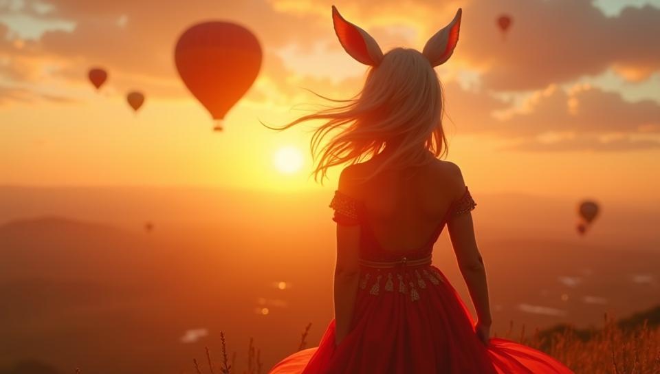 Artistic Cosplayer Hot air balloon, anthropomorphic, at Twilight, Warm lighting
