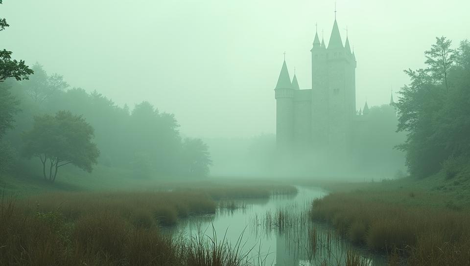 stylized by Vivian Maier, mundane biological illustration of a landscape of a Organic Mistveil Castle of the Foggy Marshlands, Fae, pov
