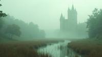 stylized by Vivian Maier, mundane biological illustration of a landscape of a Organic Mistveil Castle of the Foggy Marshlands, Fae, pov