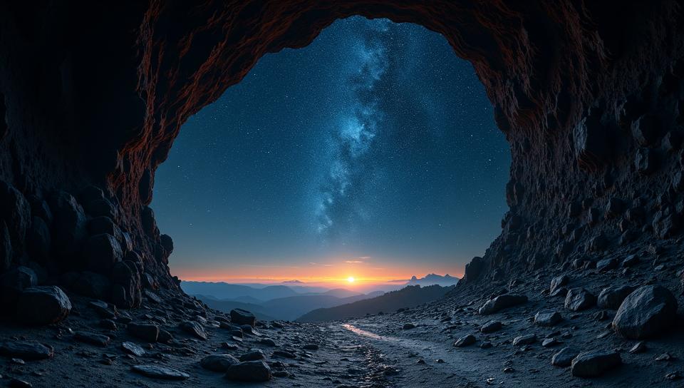 landscape of a Brutal Romantic Bare Rock from inside of a Warehouse, Stars in the sky, Dark, four colors