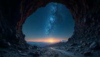 landscape of a Brutal Romantic Bare Rock from inside of a Warehouse, Stars in the sky, Dark, four colors