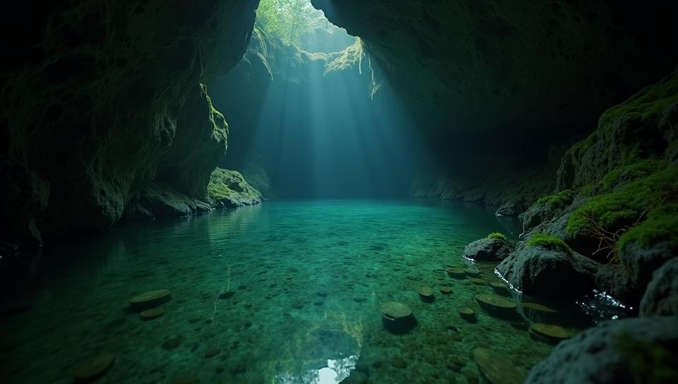 documentary style of, fauna, Satin Quirky Vernal Pool and Underwater cave, dungeon in background