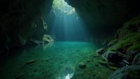 documentary style of, fauna, Satin Quirky Vernal Pool and Underwater cave, dungeon in background