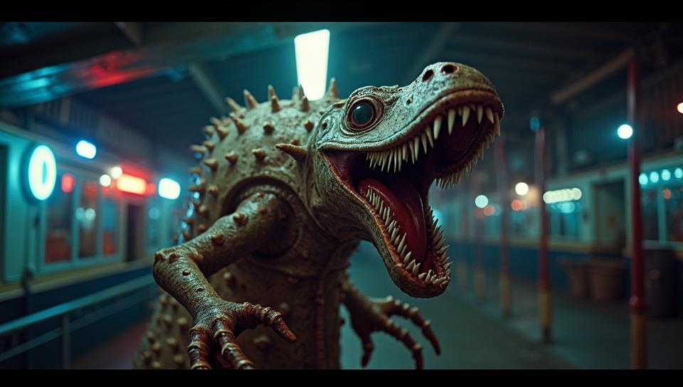 Cinematic still, Full length frame of a S Unattractive Crackling Razormaw , intricate details, from inside a Amusement park