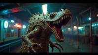 Cinematic still, Full length frame of a S Unattractive Crackling Razormaw , intricate details, from inside a Amusement park