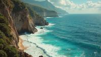 comics art stylized by J Scott Campbell , character art, Wax casting art of a Ascii Art, landscape of a Cancun and Dark ages Coastal cliff