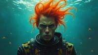 masterpiece Oil painting, Angry slender Male Deep Sea Diver, Orange hair styled as Beehive, Dynamic