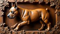 Wood Carving of a Ghastly Staffordshire Bull Terrier, Very wide view, by Carolina Herrera, Russell Dauterman and Oliver Wetter