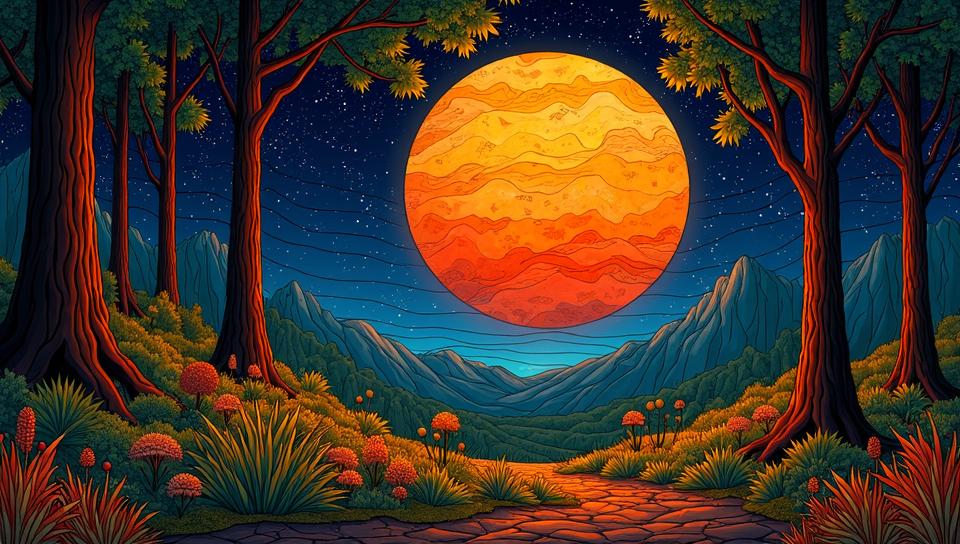 stylized by Louis Comfort Tiffany, vegetation, Comforting Sephardic Planet Mars Celestial equator , Redwood tree background