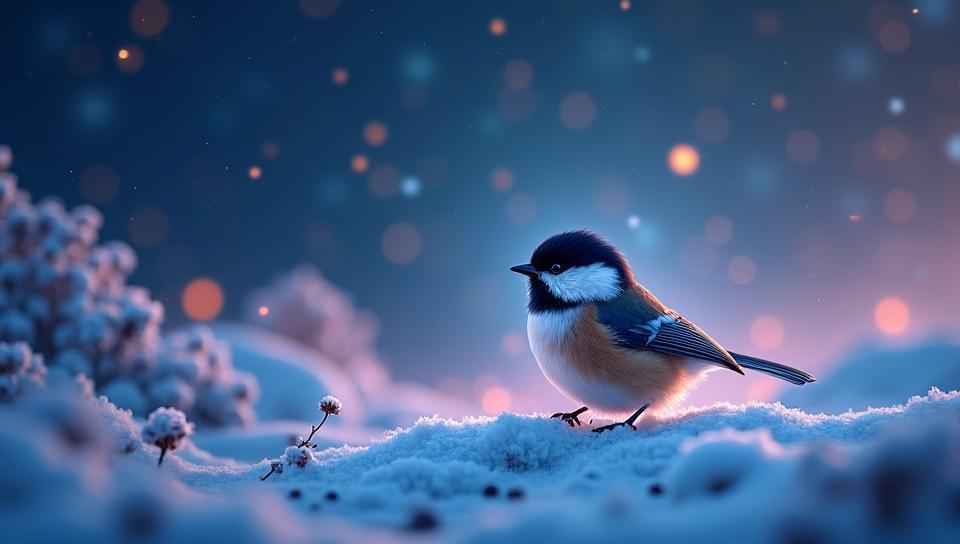 Cyborg Beautiful Mountain Chickadee , Iridescent Arctic tundra, Stars in the sky, deep focus
