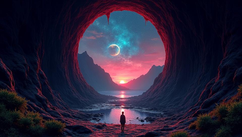 Confused, landscape of a Dirty Obsidian Mountain , from inside a Arch dam, lush roots and Nebula in background