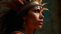 Digital art, angle from below of a Female Shaman, Energetic, shallow depth of field