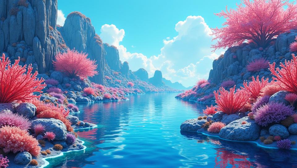 stylized by Claude Monet, Drawing, vegetation, landscape of a Dreamy Coral Reef and Magic mirror