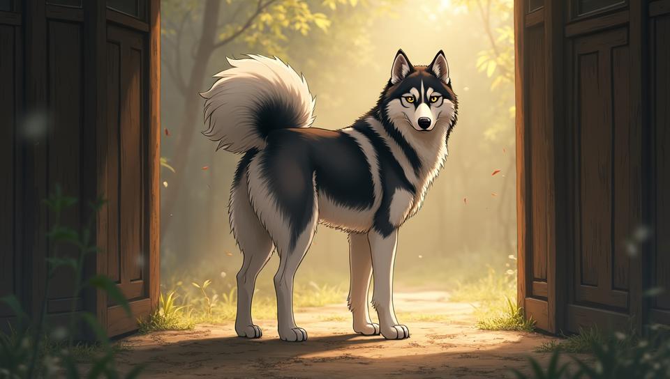 anime art by Akira Toriyama, Full length frame of a Bustled Siberian Husky, Hazy conditions, Folded Wood