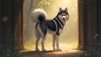 anime art by Akira Toriyama, Full length frame of a Bustled Siberian Husky, Hazy conditions, Folded Wood