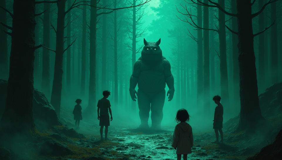 by Junji Ito and Wes Anderson, Digital painting, Turquoise and Brown The Story of Chaos , Hazy conditions