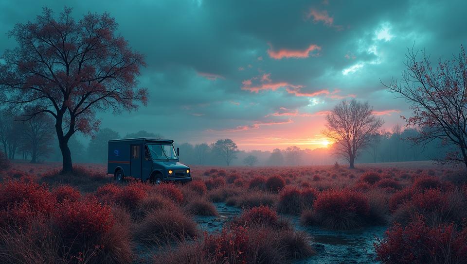 landscape of a Shrubland and Postal delivery truck, Atmospheric, elegant, Lonely
