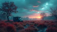 landscape of a Shrubland and Postal delivery truck, Atmospheric, elegant, Lonely