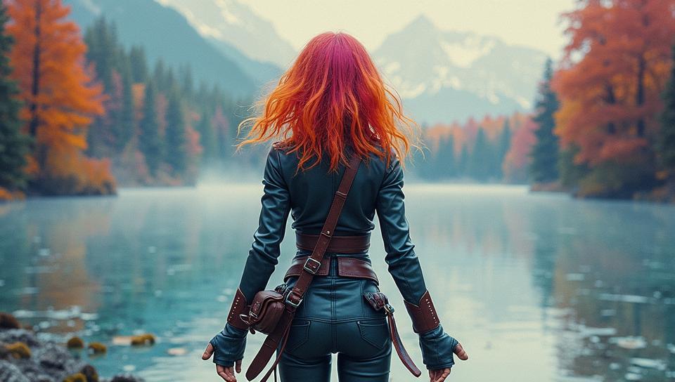 Water color painting, Dollpunk, shot from behind of a Flirty Magnificent small all american Girl , wearing Fur and Leather