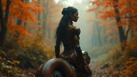 autumn jungle, beautiful elegant, rear angle of a Female Robot of Invasion , the Robot is Python back riding