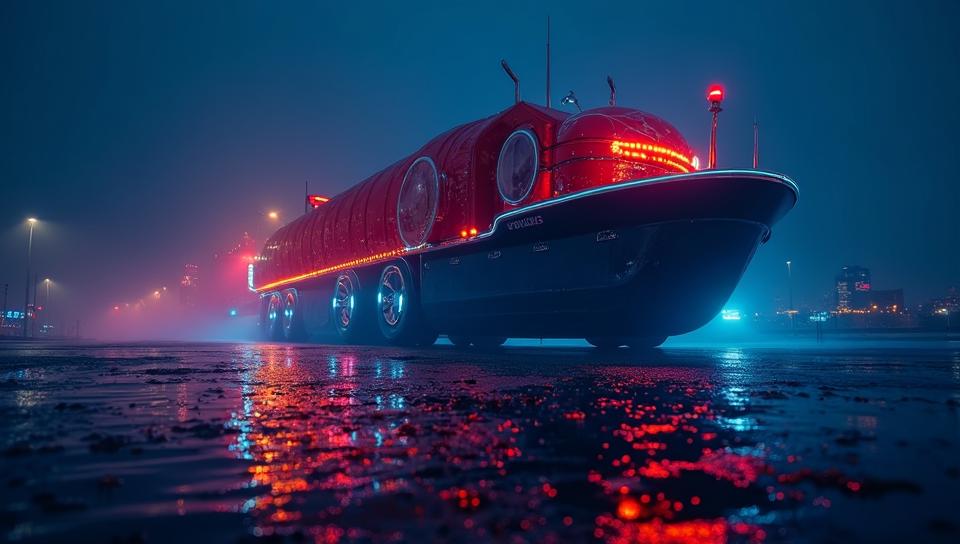 stylized by Brandon Woelfel and Josan Gonzalez, low angle shot of a Abnormal Soothing Container ship Tractor trailer , shallow depth of field, Ultrarealistic