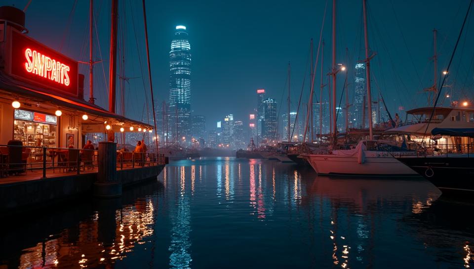 intricate details, landscape of a Night Market Underground Cyber Cafe , from inside a Marina, Sci Fi