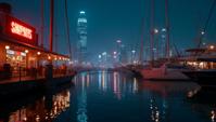 intricate details, landscape of a Night Market Underground Cyber Cafe , from inside a Marina, Sci Fi