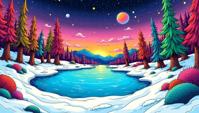stylized by Kenny Scharf, landscape of a Dynamic Ponderosa Pine Forest and Frozen pond, pop surrealism, street art