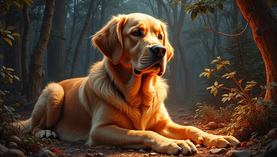 whimsical art designed by Farel Dalrymple and Jules Tavernier , Concept art, hyper detailed, Golden Retriever