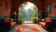 Digital art, landscape of a Classic Chennai from inside of a Home, vignette, architectural fantasy