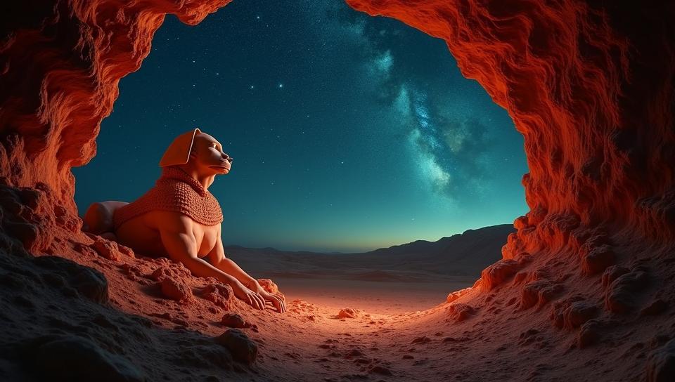 Energetic, landscape of a Bare Rock from inside of a Sphinx, Chic and Chibi Rubbery , desolate nature and Stellar nursery in background