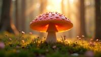 Resplendent Sh wa Era Mushroom , in spring landscape woods, Fantasy, Afrofuturism