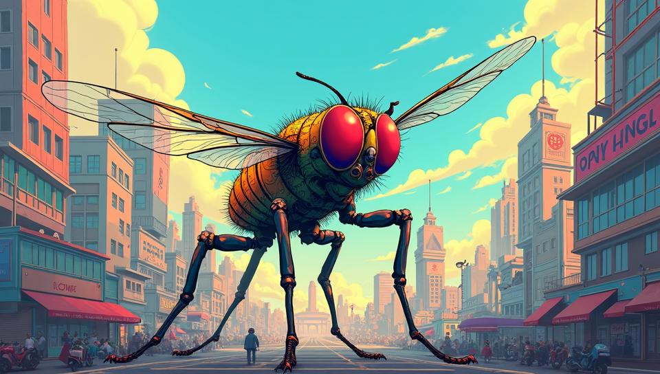 desolate cityscape, full body shot of a Groovy Fly , Spring, Masterpiece