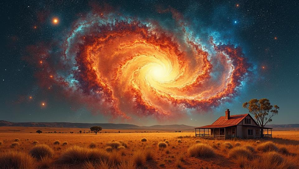 award winning, Australian Outback, medium wide shot of a Wizard Nebula, Farmhouse in background
