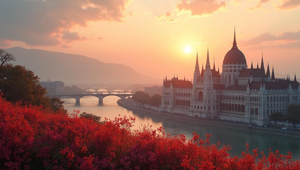 Spray paint style, landscape of a Enigmatic Budapest , Peruvian flowers, at Dawn