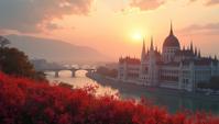 Spray paint style, landscape of a Enigmatic Budapest , Peruvian flowers, at Dawn
