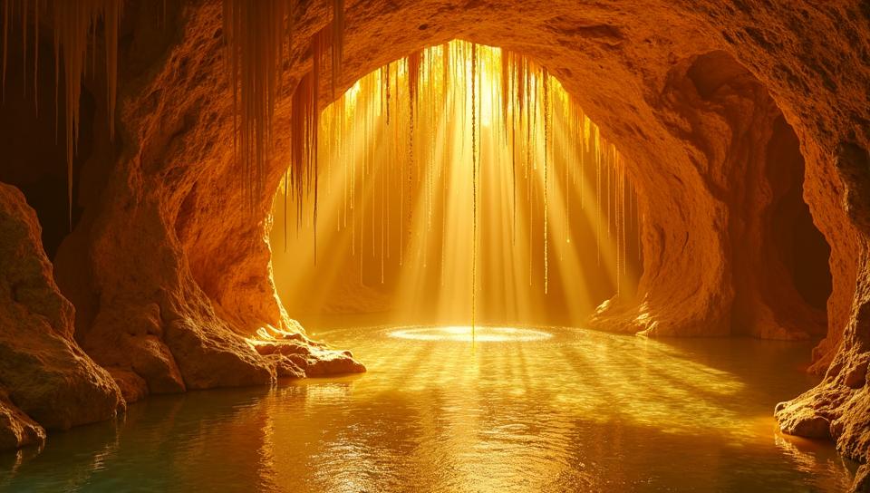 stylized by Echo Chernik , landscape of a S Gilded Grotto of Glittering Gold , water, detailed