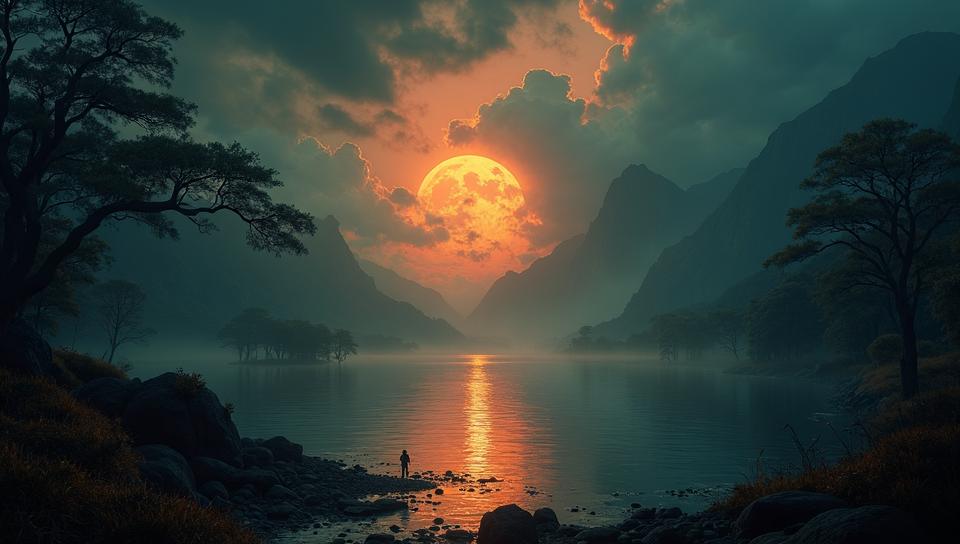 Resonant Book of Life , background is Cloudy Westeros, dense lake with Mahogany, deep focus