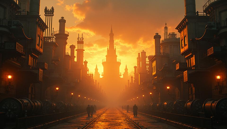cozy Steampunk, eye level shot of a Voluminous In the golden silence of dawn, the world awakens, kissed by the soft embrace of sunlight