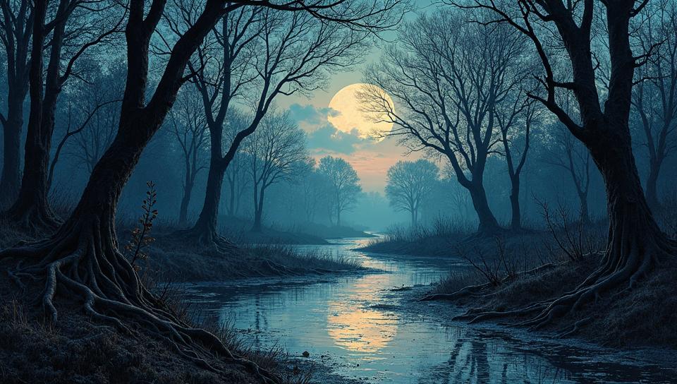etching technique of a landscape of a Haunted Mistveil Marsh of the Hidden Wraiths and Heliosheath, crowded roots, at Nighttime, in boho fashion