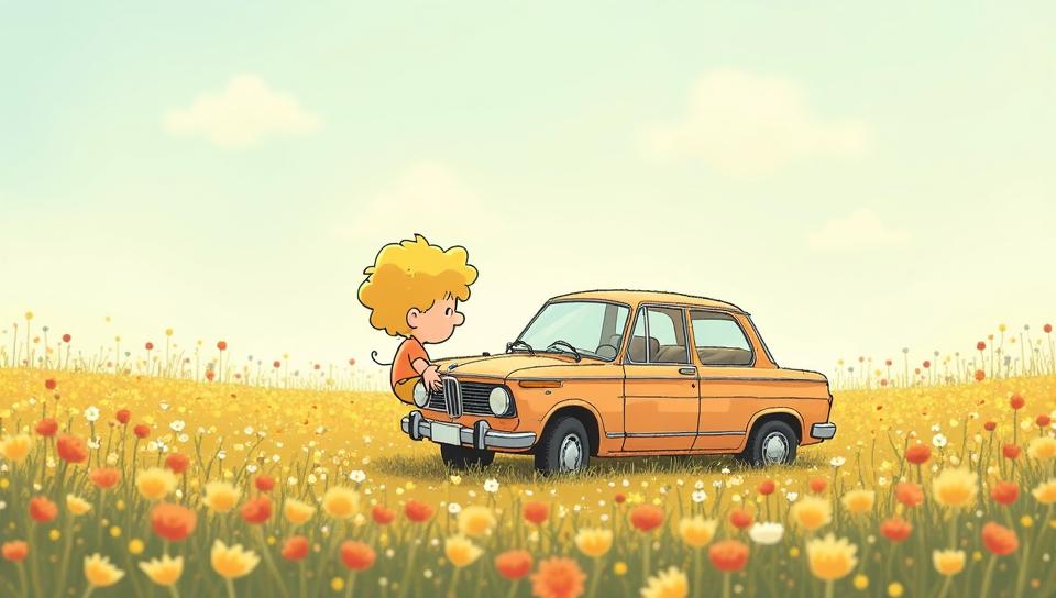 art by Charles Schulz, theme , Cherubic Flemish BMW, background is Underwrapped flower field