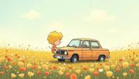 art by Charles Schulz, theme , Cherubic Flemish BMW, background is Underwrapped flower field