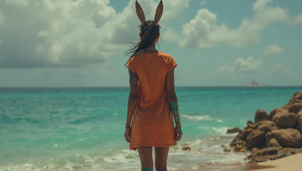 stylized by Jack Hughes, Photograph, body shot of a Rich flyweight Modern Female Zandalari, the Zandalari is dressed in a copper T shirt dress and sneakers