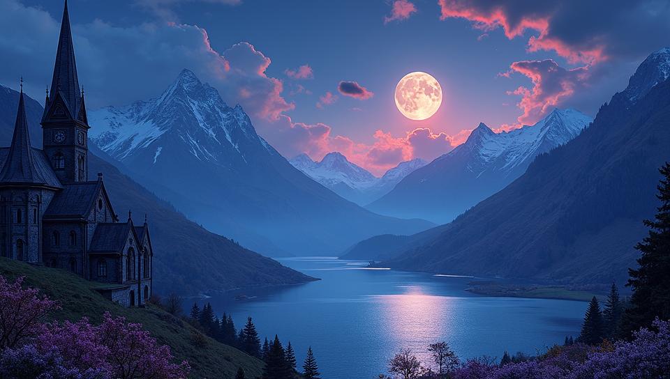 stylized by Magali Villeneuve and Tomasz Alen Kopera , fantasy art, Bastardcore, landscape of a Pure Thermokarst Lake and Christchurch Cathedral