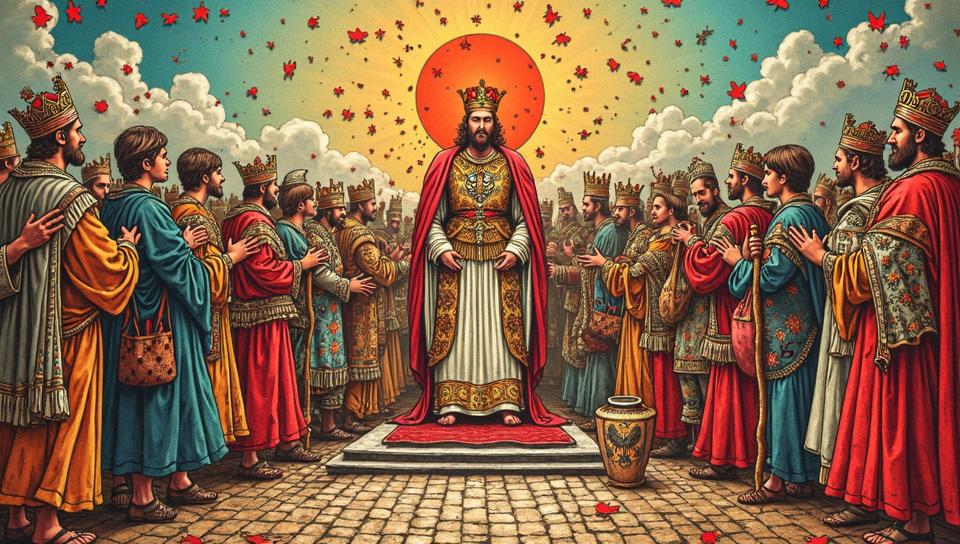 photography art stylized by Wes Anderson, Tattoo ink of a Cluttered The coronation of Charlemagne as Holy Roman Emperor , Fall, Process Art
