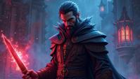 Drawing, Respected Male Rune mage, near Cyberpunk Rohan, Illustration