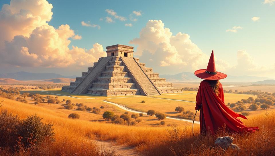 landscape of The Pyramids of Teotihuacan and Wizard hat, Extraordinary, by Albert Bierstadt, Vivienne Tam
