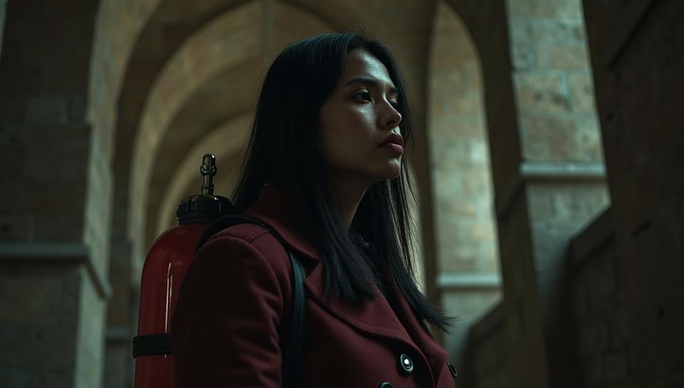 dungeon, angle from below of a Hideous Singaporean Rekha , biting her lip, Rekha is wearing a Coat